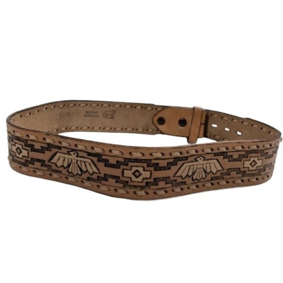 Justin Leather Belt Tooled Western Aztec Thunderbird Coachella Native American M - Picture 1 of 8